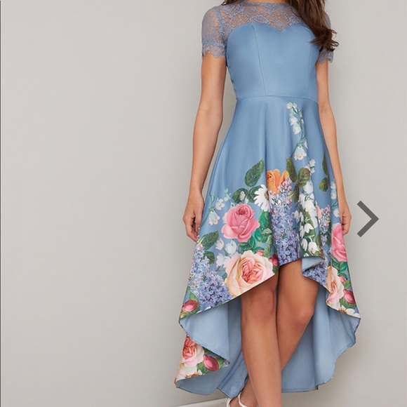 Chi Chi London Dresses & Skirts - Chi Chi London Lace Detail Border Print Dip Hem Dress in Blue